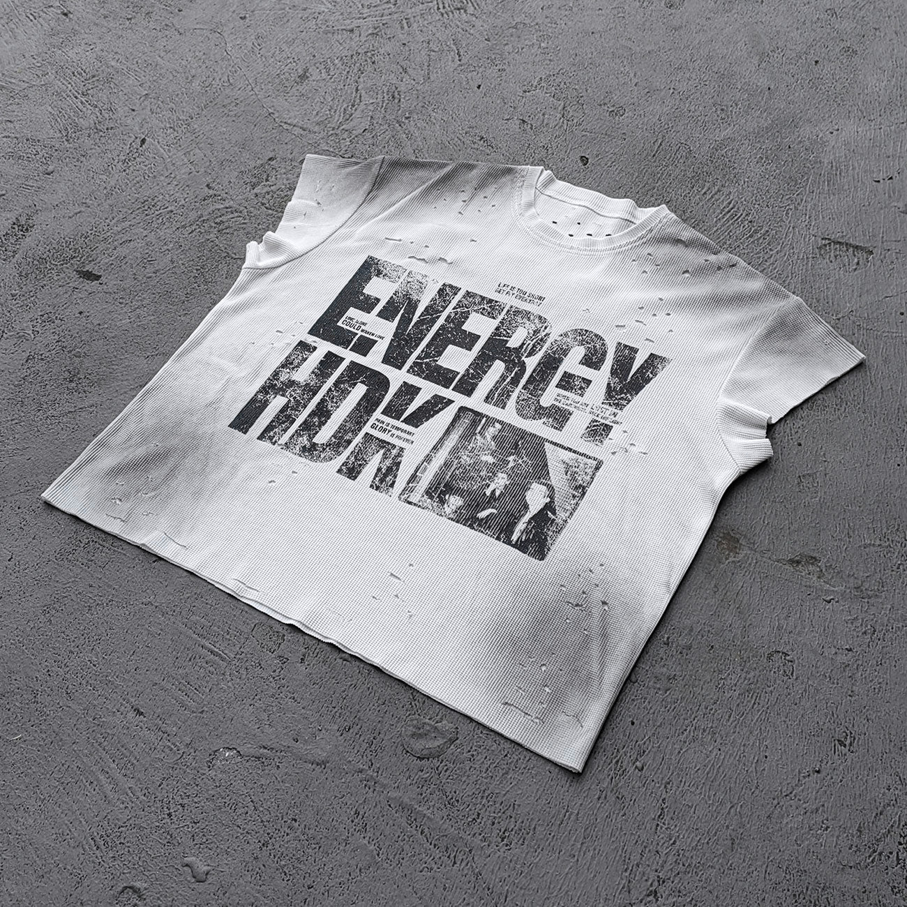 ENERGY HDK Sleeveless Tee - Black White Waffle Knit Cut Off Muscle Tee Distressed Ripped Y2K Streetwear