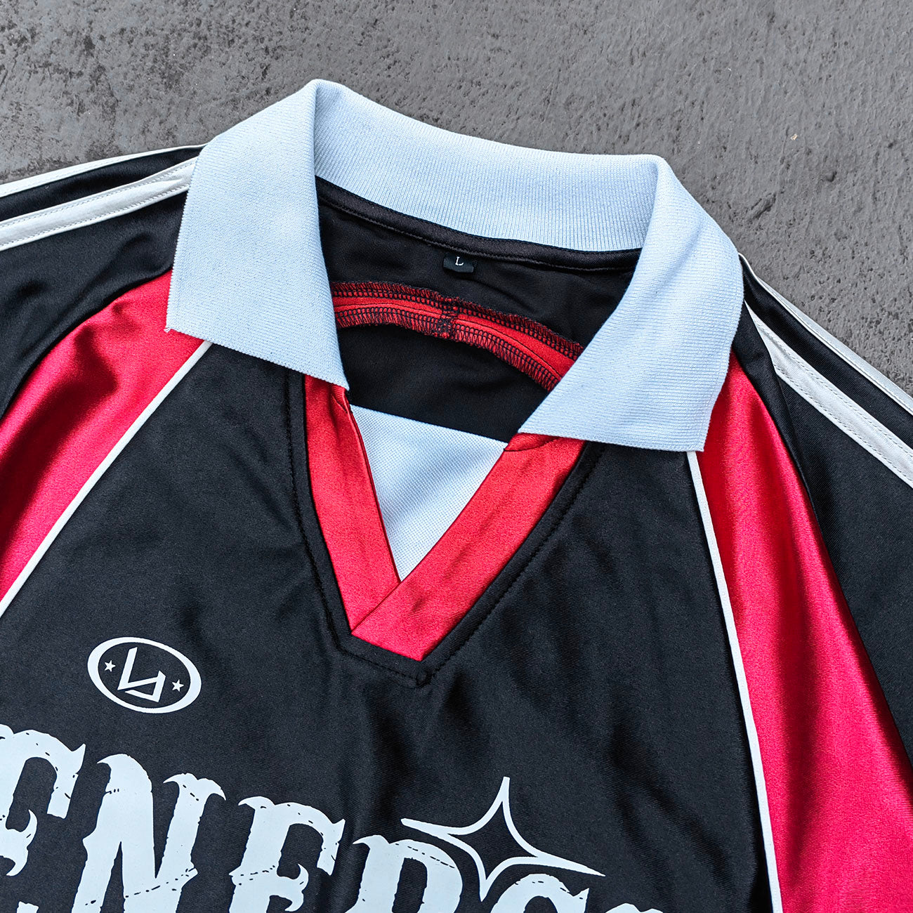ENERGY Football Jersey Set - Black Red Color Block V Neck Three Stripe Shirt Shorts Y2K Streetwear