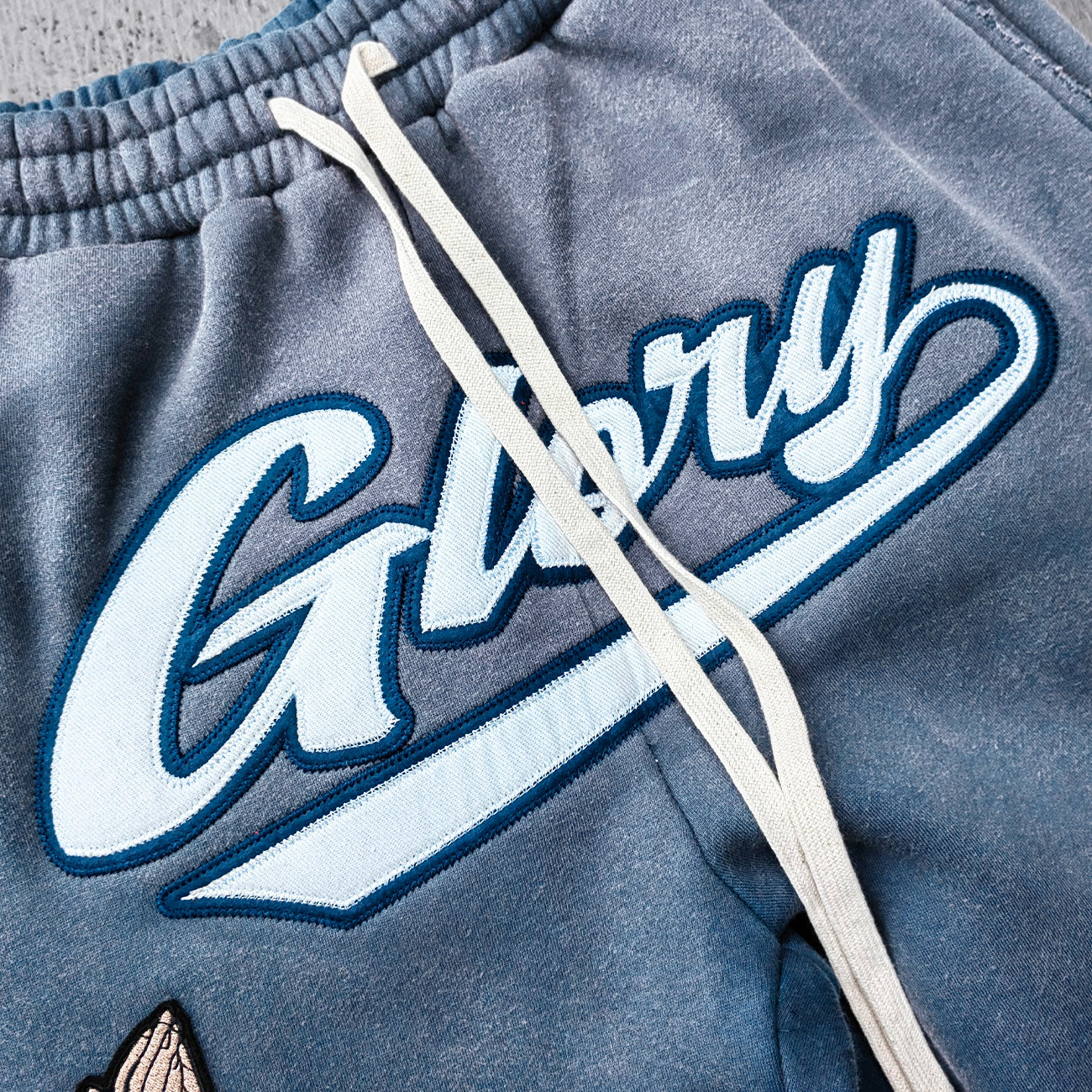 Gray Blue Glory Patch Pants - Multi Badge Embroidered Acid Wash Wide Leg Drawstring Y2K Oversized