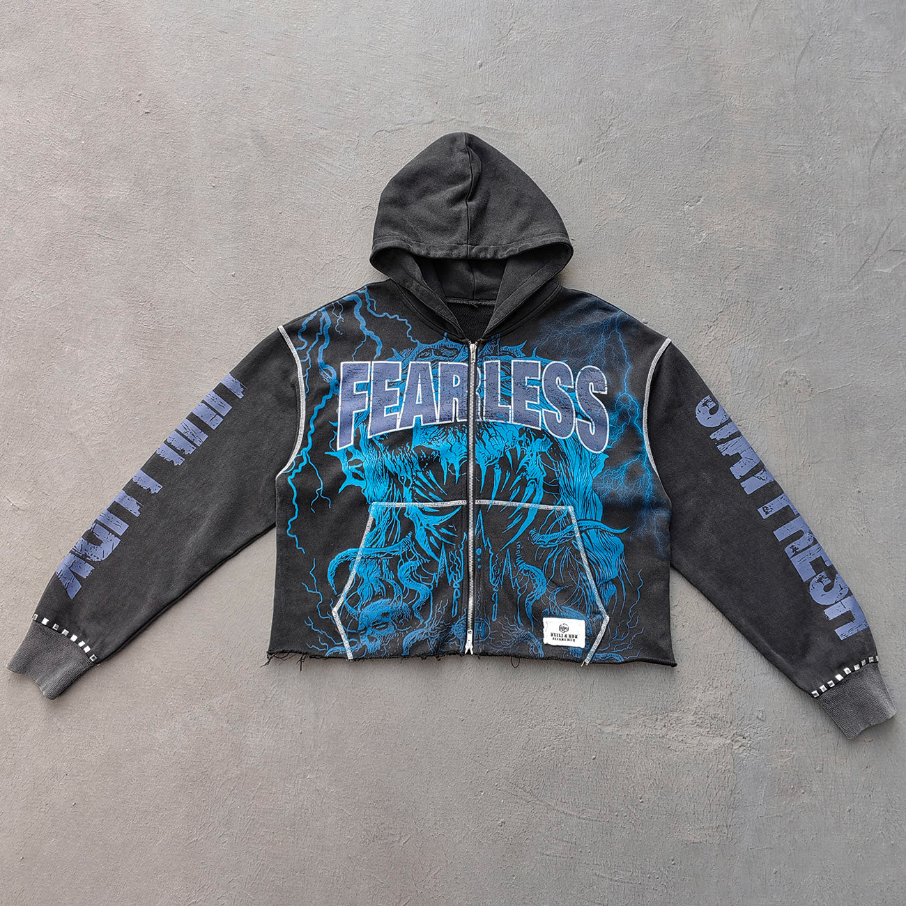 Distressed Zip Up Hoodie - FEARLESS Skull Print Vintage Streetwear