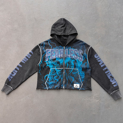 Distressed Zip Up Hoodie - FEARLESS Skull Print Vintage Streetwear