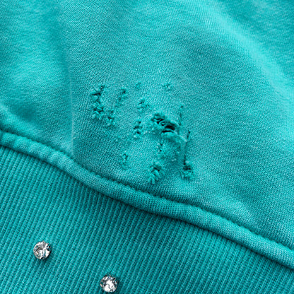 Heavily Distressed Zip Up Hoodie - Mint Studded Ripped Plaid Lining Y2K