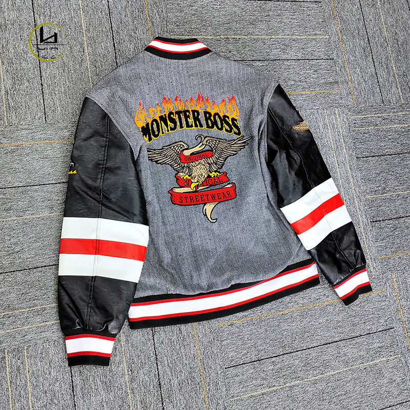 HUILI FACTORY designer streetwear applique embroidery letterman jacket with leather sleeves