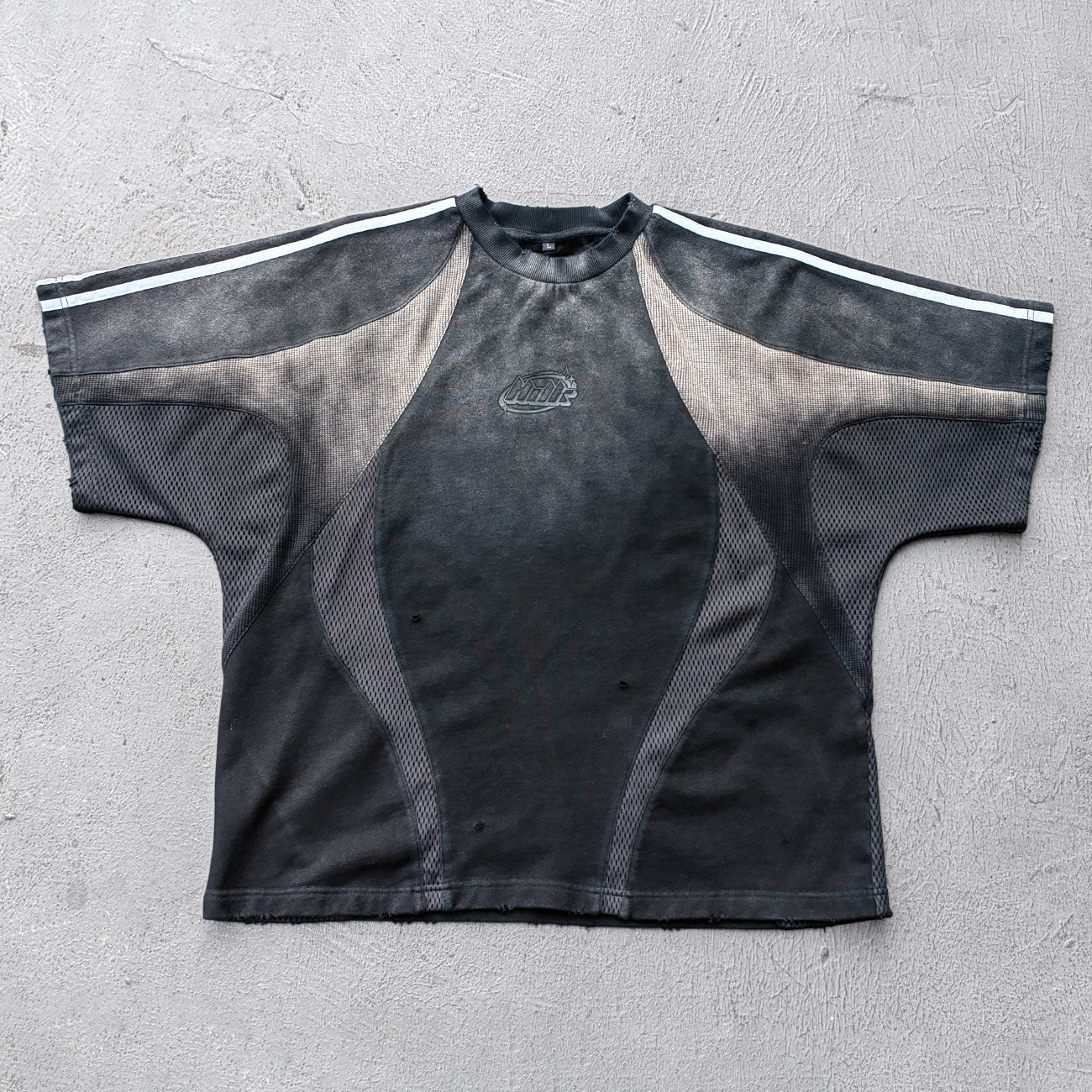 Mesh Panel T-Shirt - Black Gray Gradient Three Stripe HDK Logo Distressed Y2K Streetwear