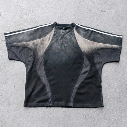 Mesh Panel T-Shirt - Black Gray Gradient Three Stripe HDK Logo Distressed Y2K Streetwear