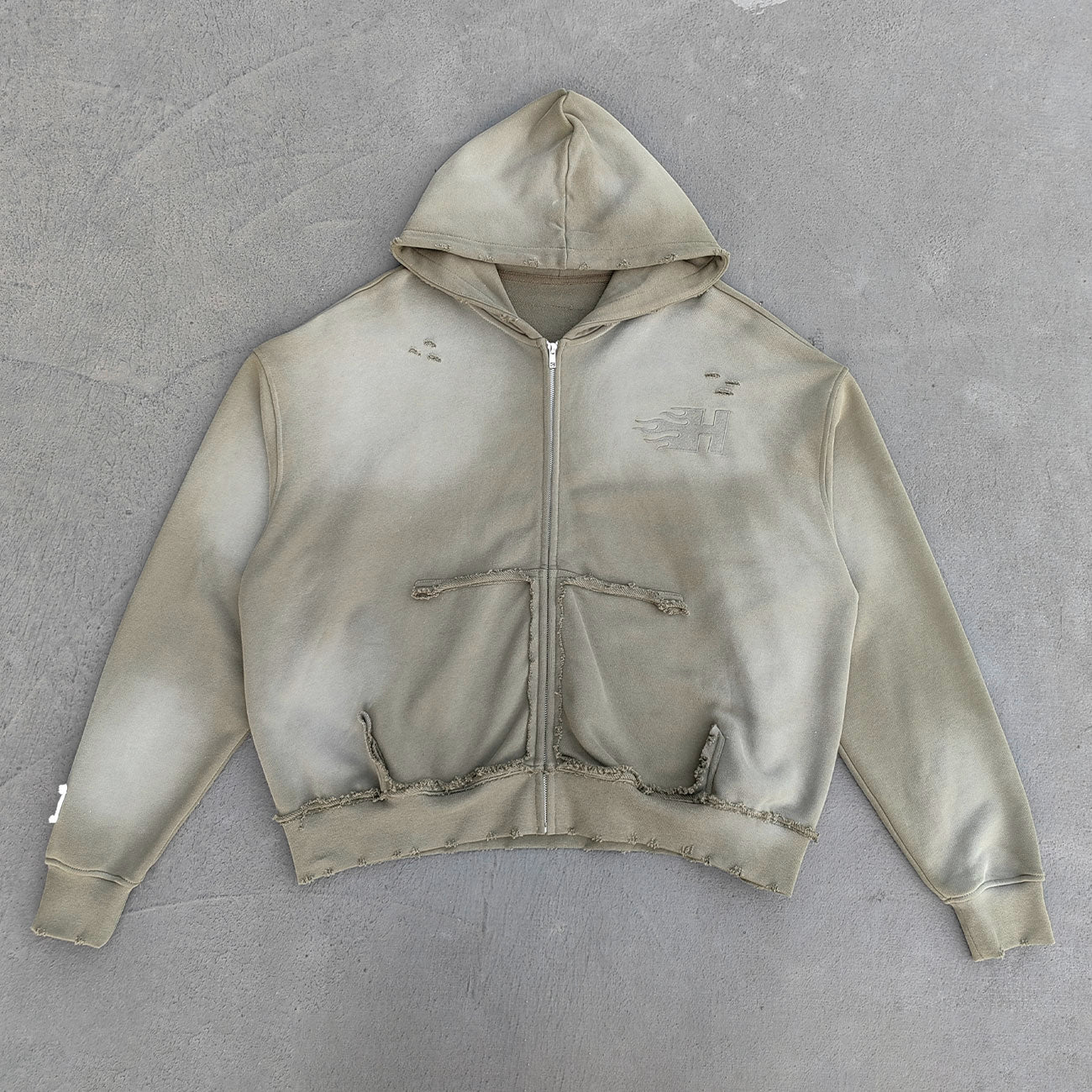 Distressed Zip Up Hoodie - Olive Gradient Wash Frayed Y2K Streetwear