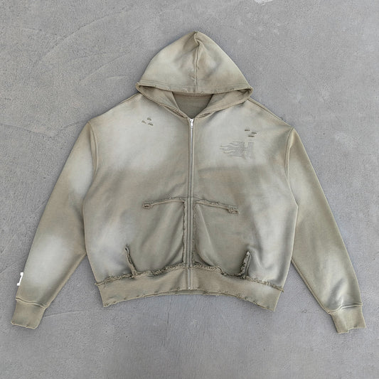 Distressed Zip Up Hoodie - Olive Gradient Wash Frayed Y2K Streetwear