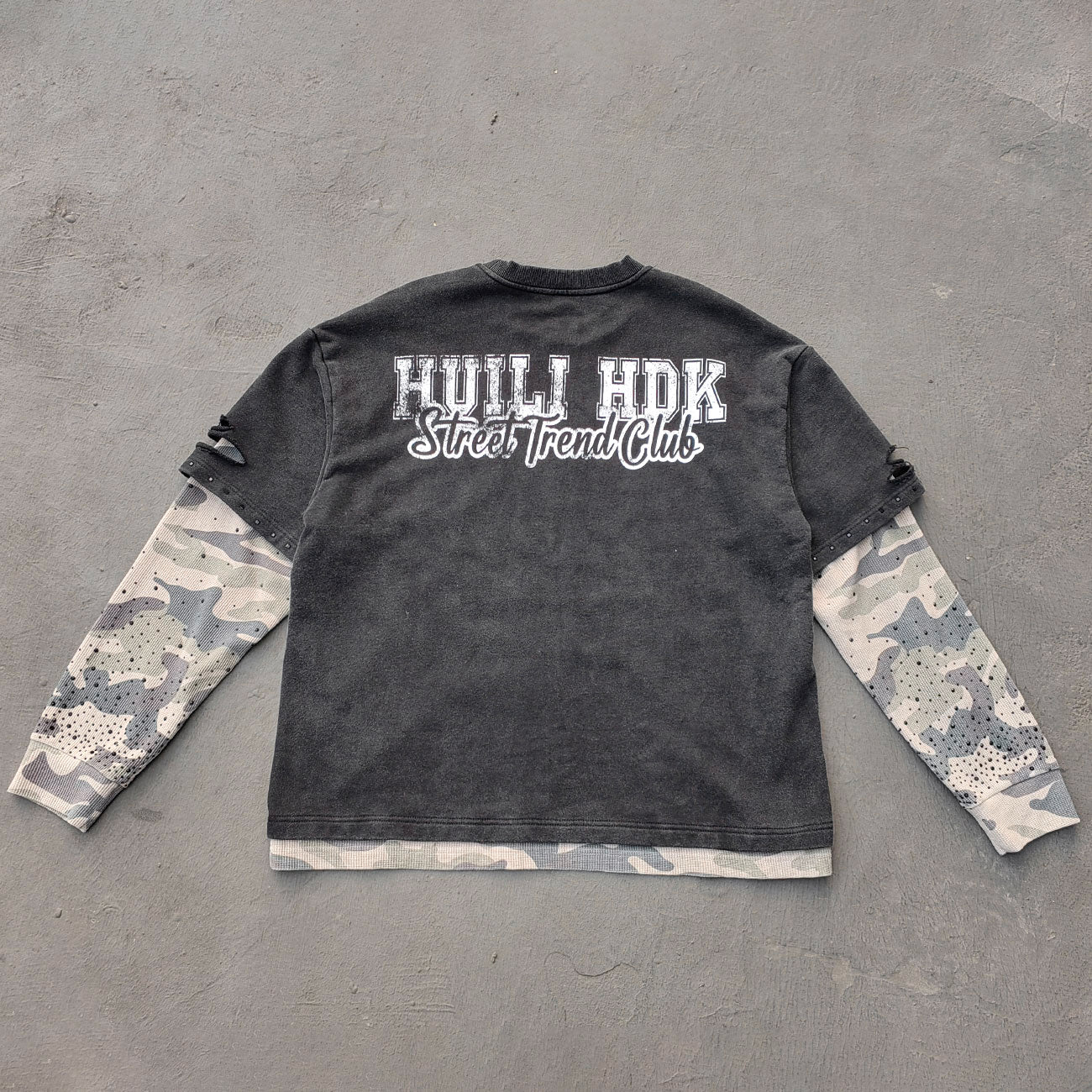 Camo Layered Crewneck - FEARLESS 03 Print Studded Rhinestone Distressed Sweatshirt