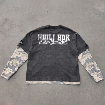 Camo Layered Crewneck - FEARLESS 03 Print Studded Rhinestone Distressed Sweatshirt