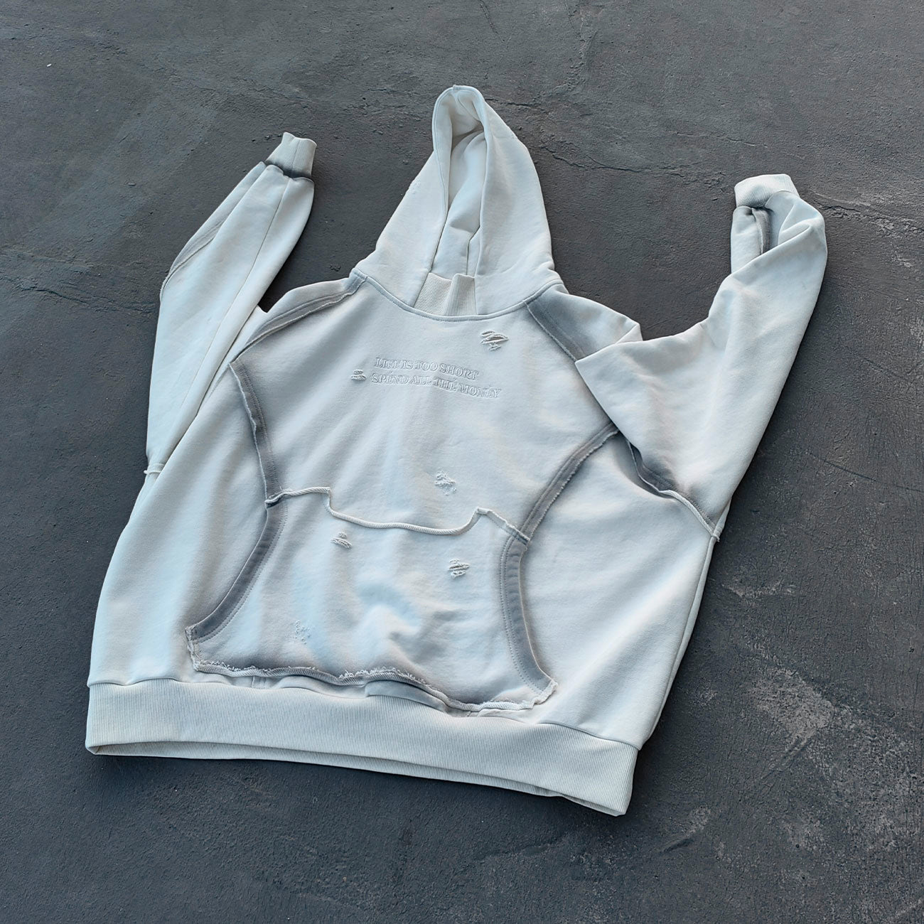 Distressed Deconstructed Hoodie - Life is Too Short Embroidery Y2K Streetwear