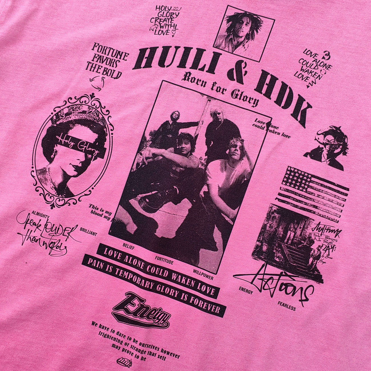 HUILI HDK Graphic Tee - Pink Gradient Acid Wash Vintage Magazine Collage Inside Out Exposed Stitch Y2K Streetwear