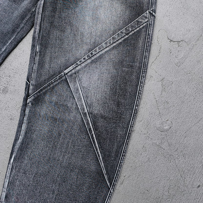 Wide Leg Jeans - Black Gray Acid Wash Geometric Diamond Panel Contrast Stitch Y2K Streetwear