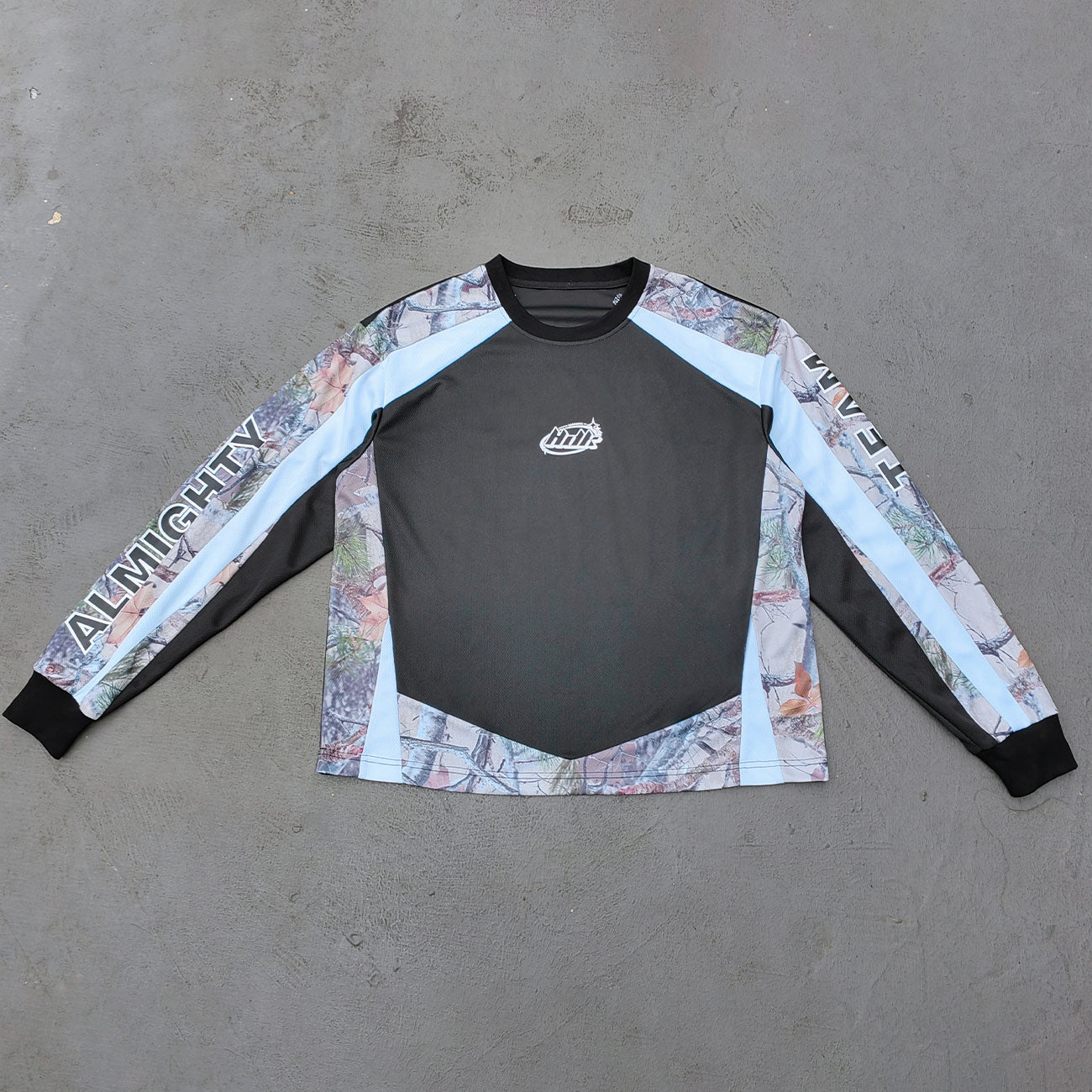 Y2K Sport Jersey - Black Camo Panel Crew Neck HDK Logo ALMIGHTY TEAM Long Sleeve Oversized