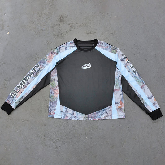 Y2K Sport Jersey - Black Camo Panel Crew Neck HDK Logo ALMIGHTY TEAM Long Sleeve Oversized
