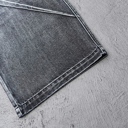 Wide Leg Jeans - Black Gray Acid Wash Geometric Diamond Panel Contrast Stitch Y2K Streetwear