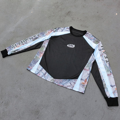Y2K Sport Jersey - Black Camo Panel Crew Neck HDK Logo ALMIGHTY TEAM Long Sleeve Oversized