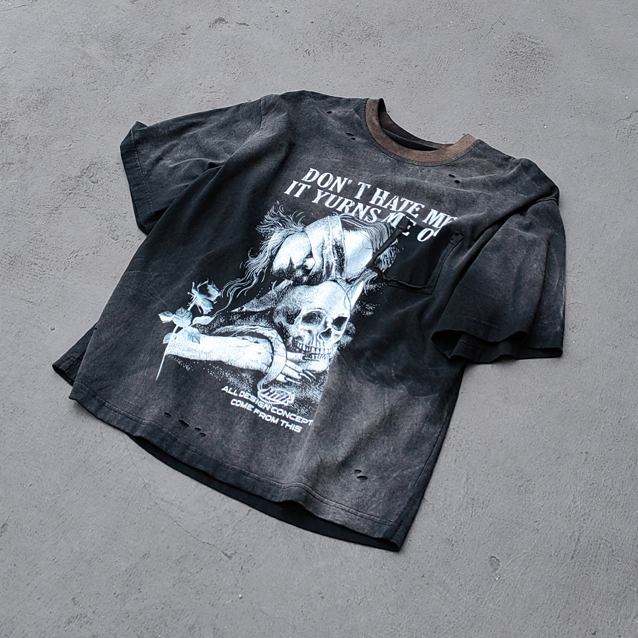 Skull Print T-Shirt - Black Acid Wash Gothic Distressed Ripped Crew Neck Y2K Streetwear
