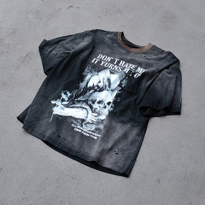 Skull Print T-Shirt - Black Acid Wash Gothic Distressed Ripped Crew Neck Y2K Streetwear