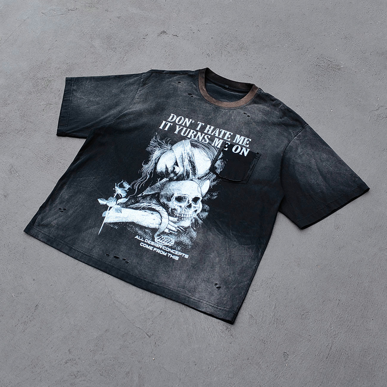 Skull Print T-Shirt - Black Acid Wash Gothic Distressed Ripped Crew Neck Y2K Streetwear