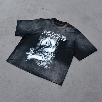 Skull Print T-Shirt - Black Acid Wash Gothic Distressed Ripped Crew Neck Y2K Streetwear