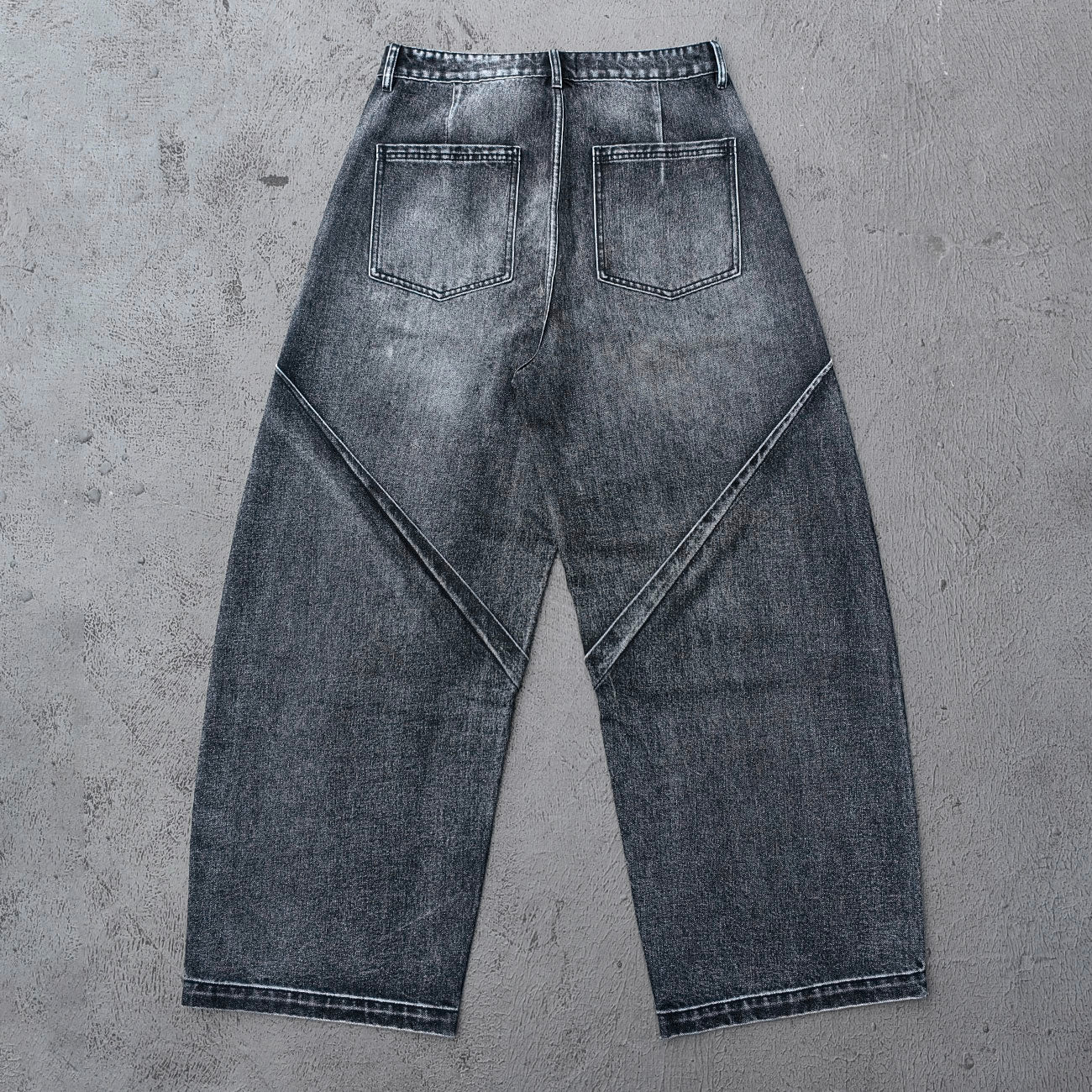 Wide Leg Jeans - Black Gray Acid Wash Geometric Diamond Panel Contrast Stitch Y2K Streetwear