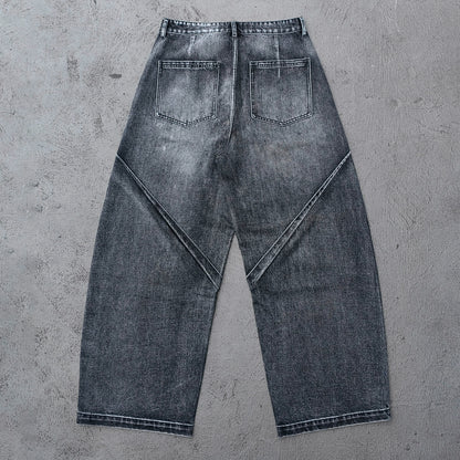 Wide Leg Jeans - Black Gray Acid Wash Geometric Diamond Panel Contrast Stitch Y2K Streetwear