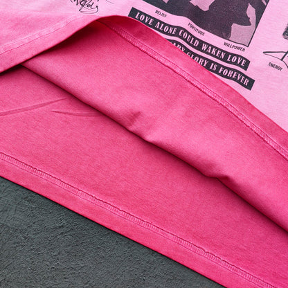 HUILI HDK Graphic Tee - Pink Gradient Acid Wash Vintage Magazine Collage Inside Out Exposed Stitch Y2K Streetwear