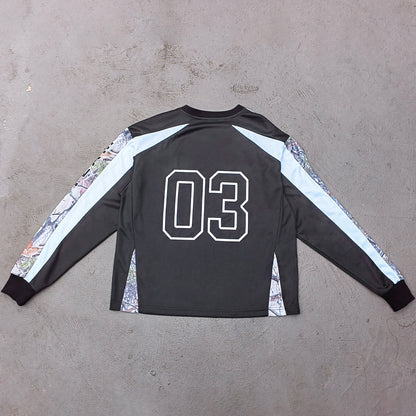 Y2K Sport Jersey - Black Camo Panel Crew Neck HDK Logo ALMIGHTY TEAM Long Sleeve Oversized