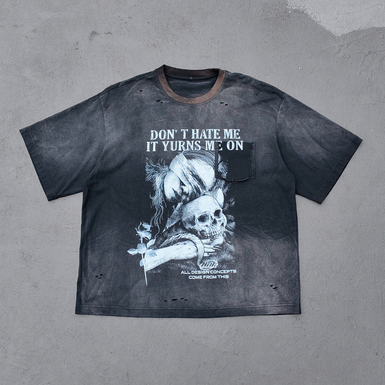 Skull Print T-Shirt - Black Acid Wash Gothic Distressed Ripped Crew Neck Y2K Streetwear