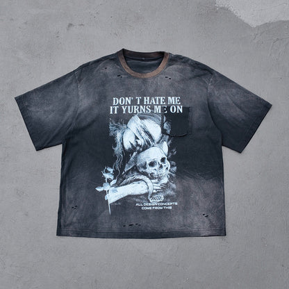Skull Print T-Shirt - Black Acid Wash Gothic Distressed Ripped Crew Neck Y2K Streetwear