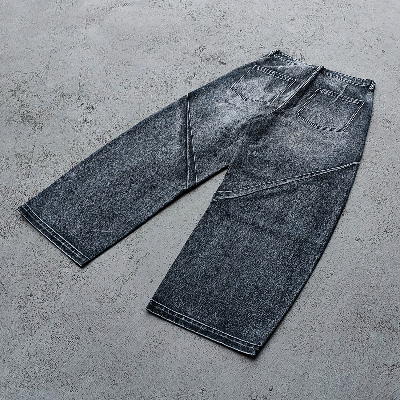 Wide Leg Jeans - Black Gray Acid Wash Geometric Diamond Panel Contrast Stitch Y2K Streetwear