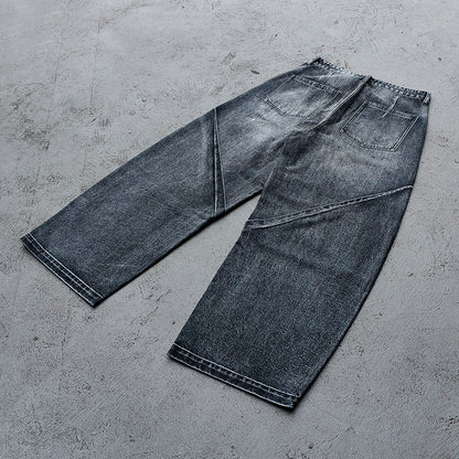 Wide Leg Jeans - Black Gray Acid Wash Geometric Diamond Panel Contrast Stitch Y2K Streetwear