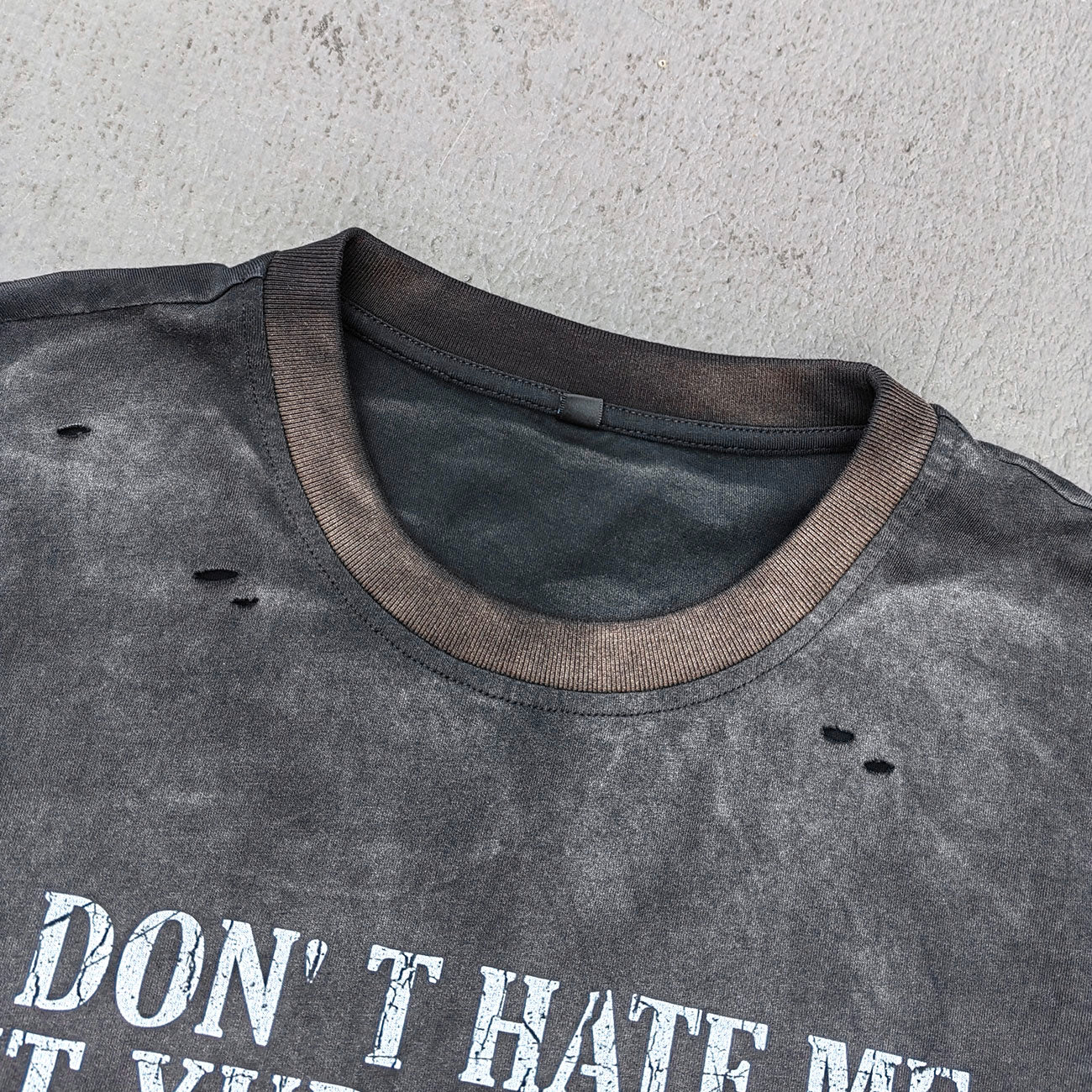 Skull Print T-Shirt - Black Acid Wash Gothic Distressed Ripped Crew Neck Y2K Streetwear