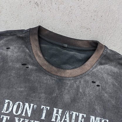 Skull Print T-Shirt - Black Acid Wash Gothic Distressed Ripped Crew Neck Y2K Streetwear