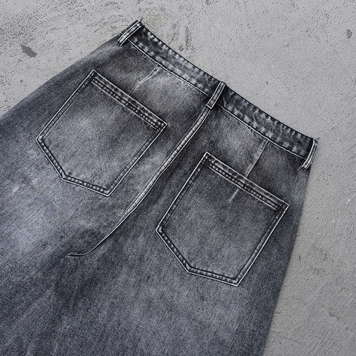 Wide Leg Jeans - Black Gray Acid Wash Geometric Diamond Panel Contrast Stitch Y2K Streetwear
