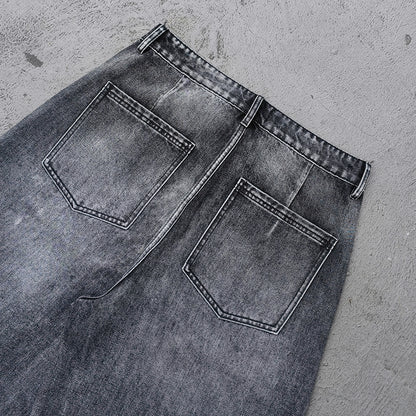 Wide Leg Jeans - Black Gray Acid Wash Geometric Diamond Panel Contrast Stitch Y2K Streetwear