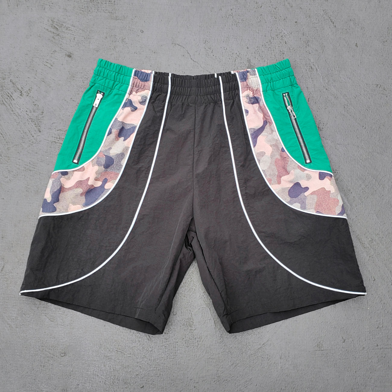 Curved Panel Track Shorts - Black Green Camo Zipper Pocket Y2K Nylon Streetwear