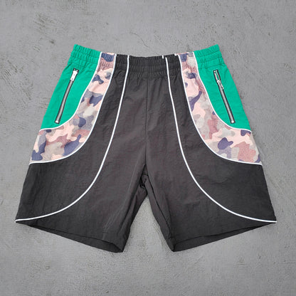 Curved Panel Track Shorts - Black Green Camo Zipper Pocket Y2K Nylon Streetwear