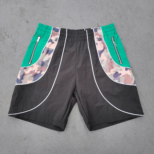 Curved Panel Track Shorts - Black Green Camo Zipper Pocket Y2K Nylon Streetwear