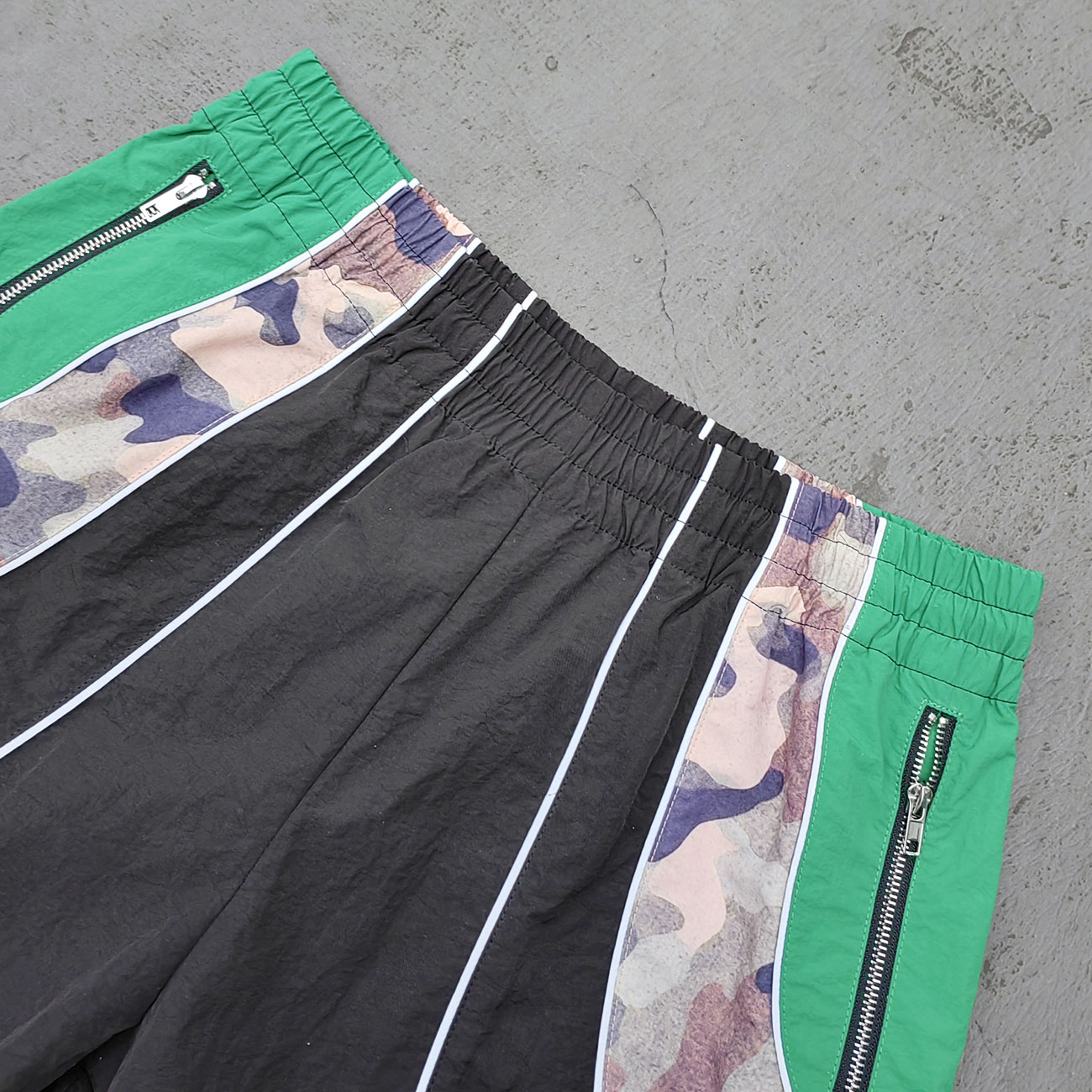 Curved Panel Track Shorts - Black Green Camo Zipper Pocket Y2K Nylon Streetwear