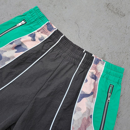 Curved Panel Track Shorts - Black Green Camo Zipper Pocket Y2K Nylon Streetwear