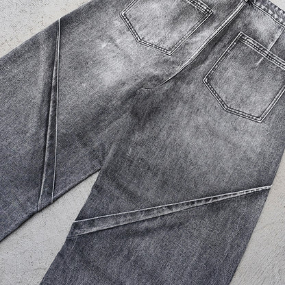 Wide Leg Jeans - Black Gray Acid Wash Geometric Diamond Panel Contrast Stitch Y2K Streetwear