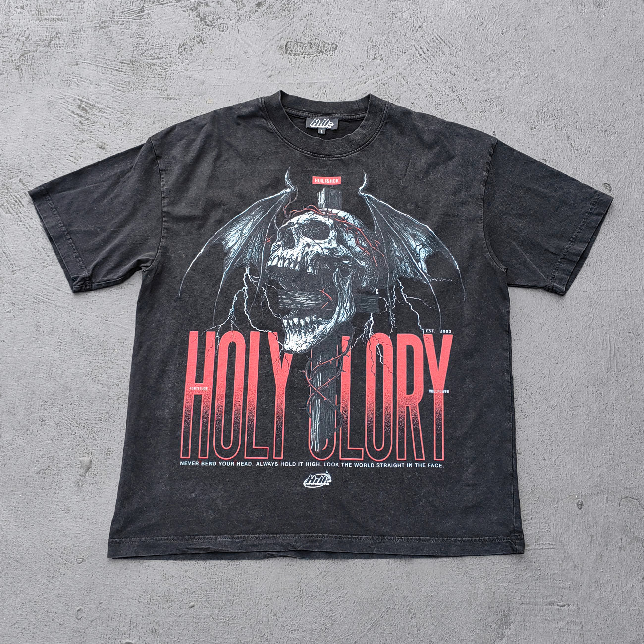 Holy Glory Graphic Tee - Black Acid Wash Winged Skull Cross Lightning Big Logo Print Y2K Streetwear