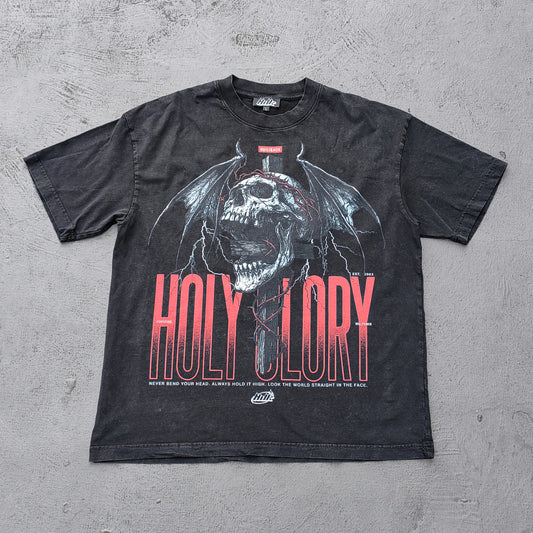 Holy Glory Graphic Tee - Black Acid Wash Winged Skull Cross Lightning Big Logo Print Y2K Streetwear