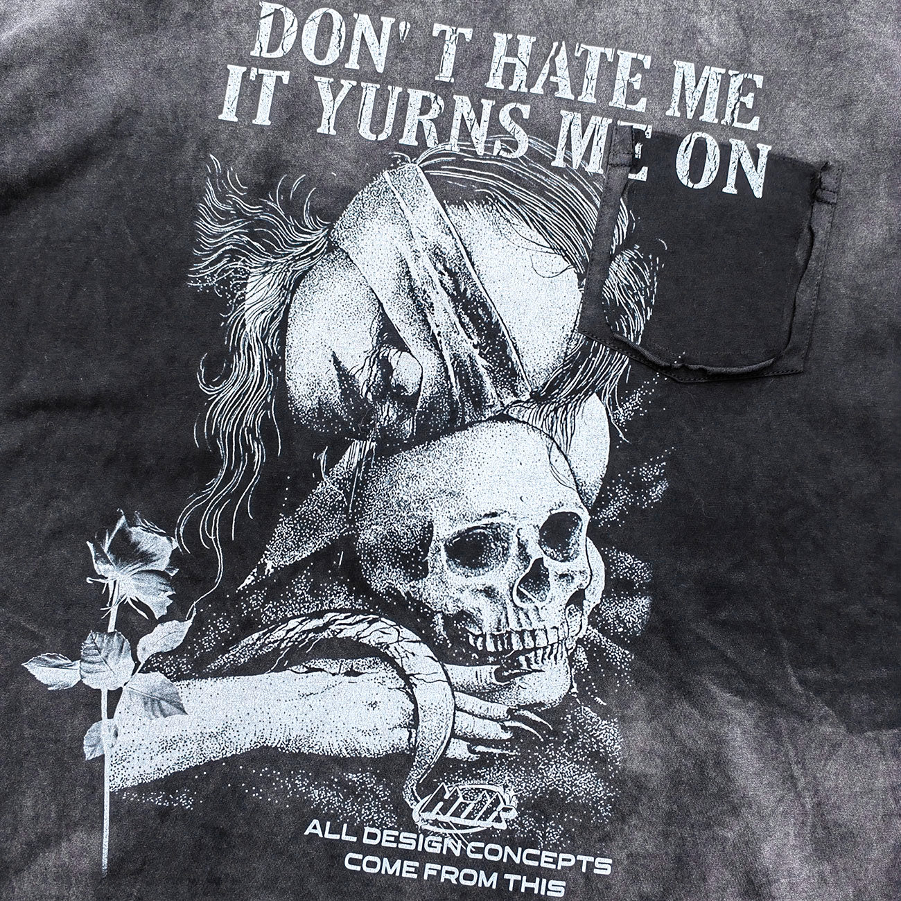 Skull Print T-Shirt - Black Acid Wash Gothic Distressed Ripped Crew Neck Y2K Streetwear