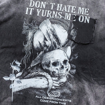 Skull Print T-Shirt - Black Acid Wash Gothic Distressed Ripped Crew Neck Y2K Streetwear