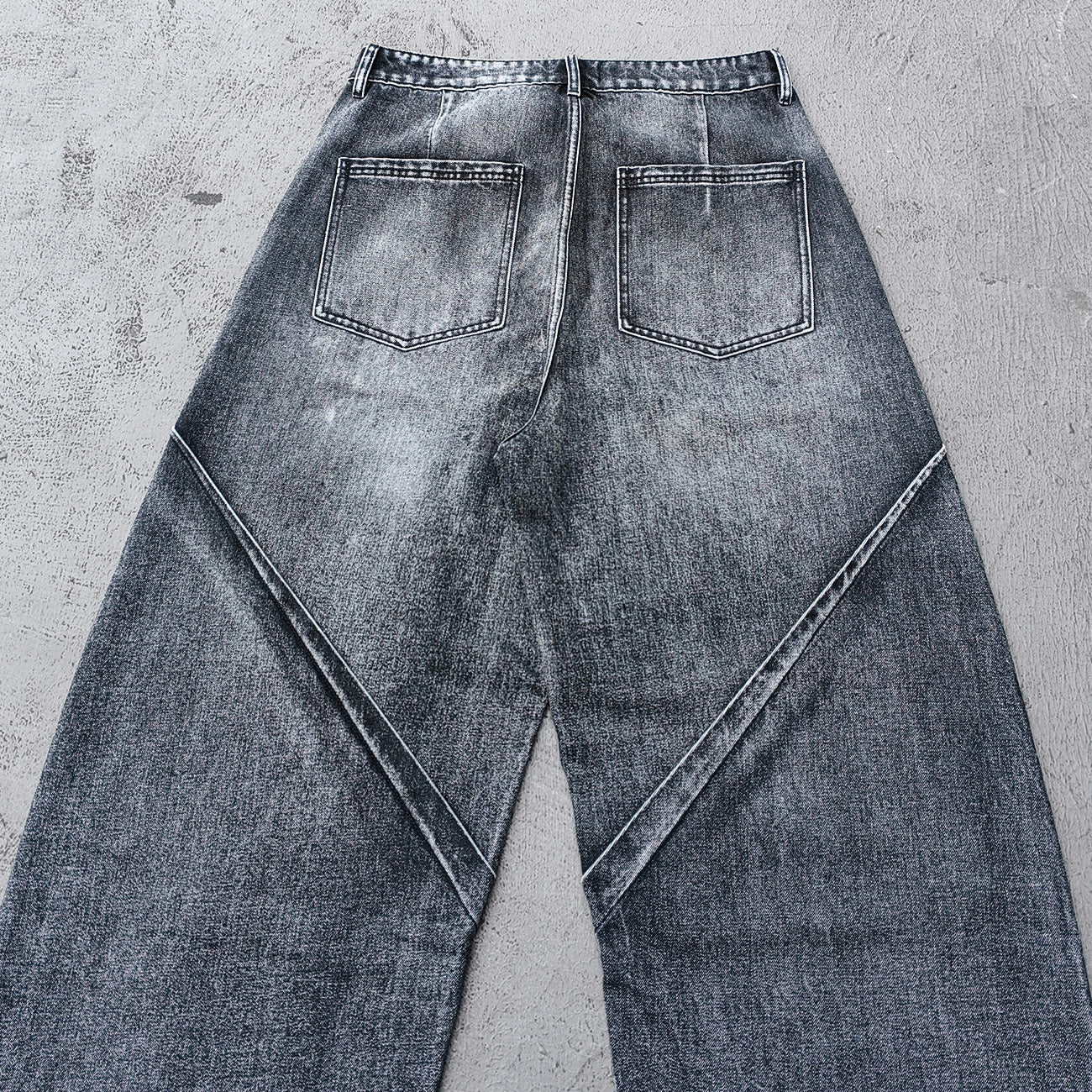 Wide Leg Jeans - Black Gray Acid Wash Geometric Diamond Panel Contrast Stitch Y2K Streetwear