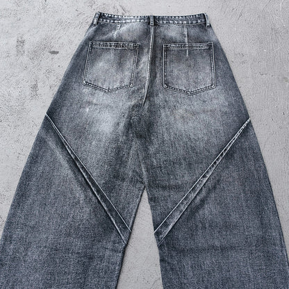 Wide Leg Jeans - Black Gray Acid Wash Geometric Diamond Panel Contrast Stitch Y2K Streetwear