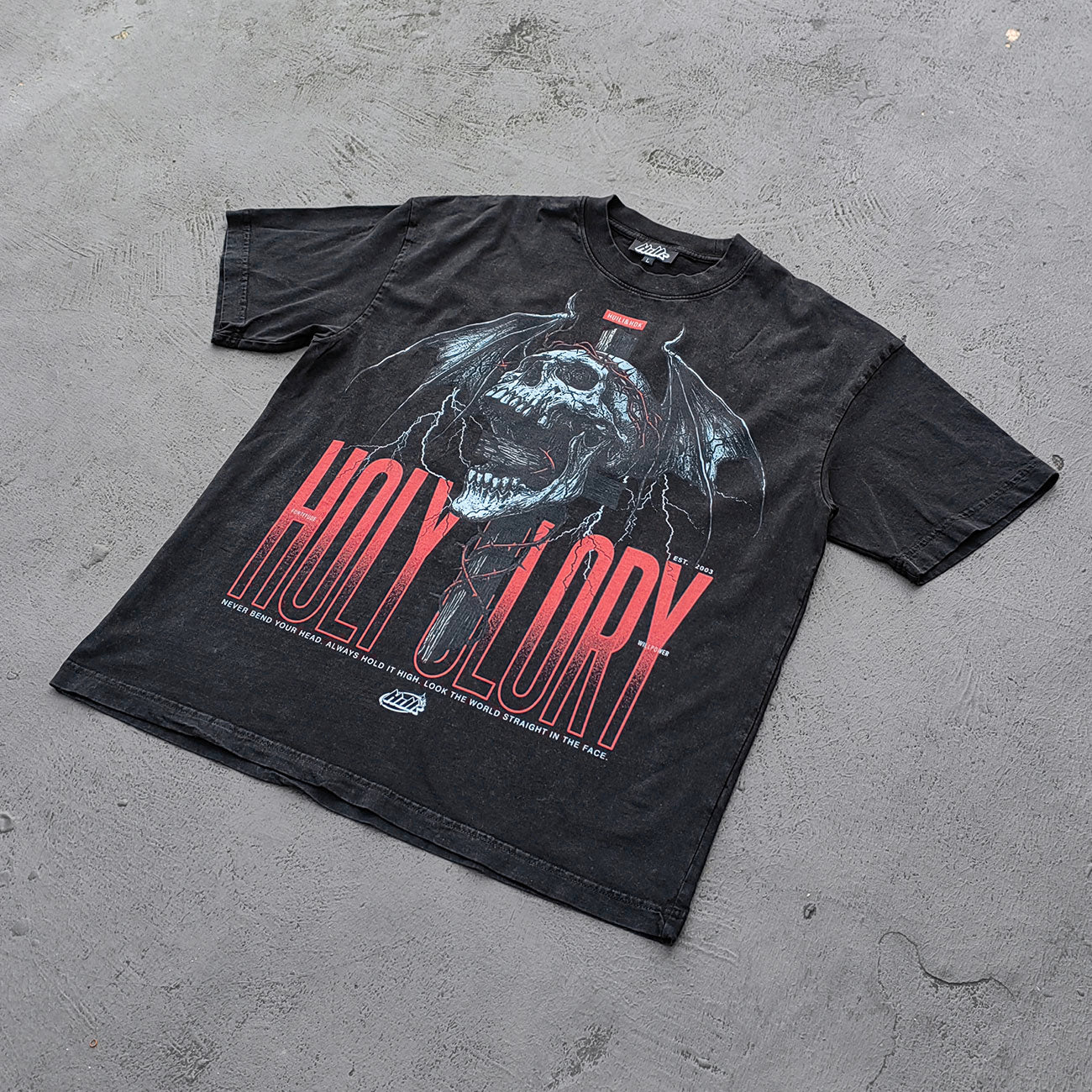 Holy Glory Graphic Tee - Black Acid Wash Winged Skull Cross Lightning Big Logo Print Y2K Streetwear