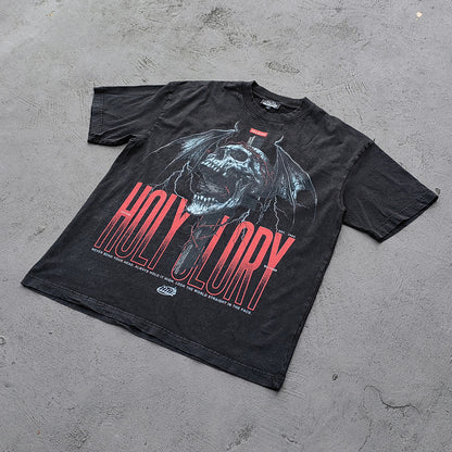 Holy Glory Graphic Tee - Black Acid Wash Winged Skull Cross Lightning Big Logo Print Y2K Streetwear